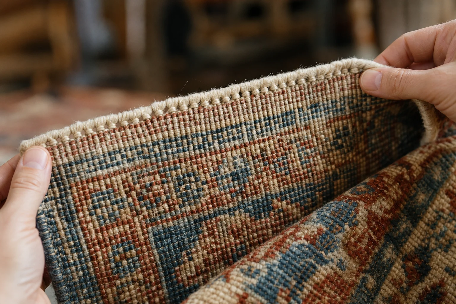 Zbliżenie na rewers ręcznie tkanego dywanu z widocznymi sękami i osnową